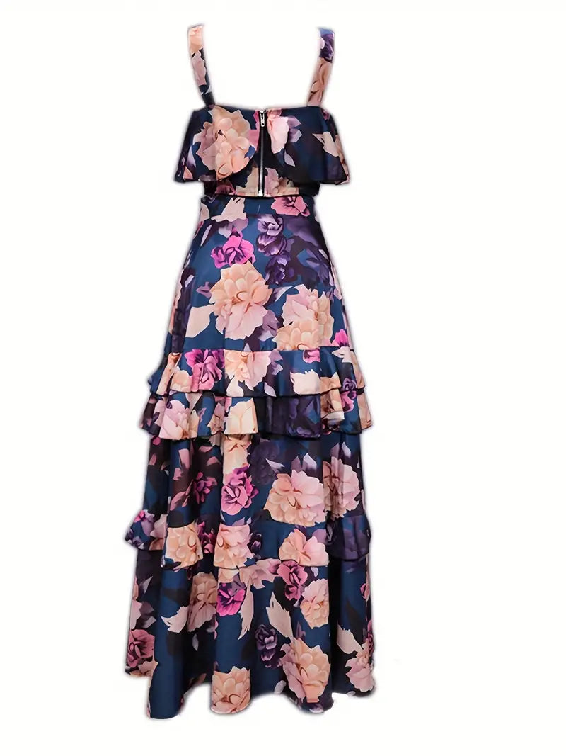 BerryBetty - Crop Tank Ruffles Floral Print Two-Piece Skirt Set