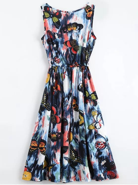 BerryBetty - Cheap Butterfly Painted Drawstring Sleeveless Dress