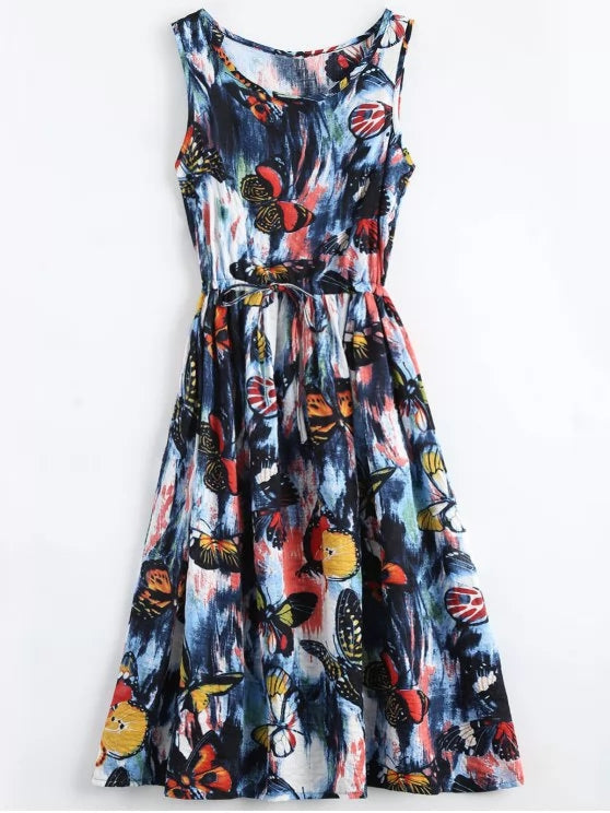 BerryBetty - Cheap Butterfly Painted Drawstring Sleeveless Dress
