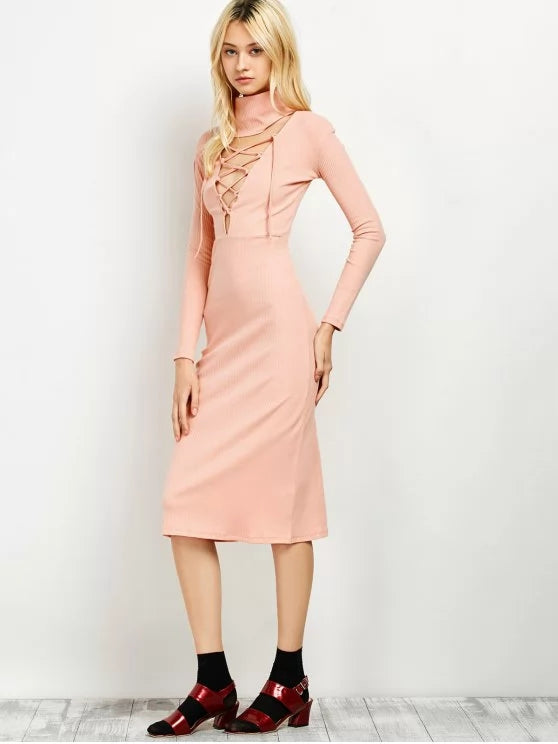 BerryBetty - Fun Turtleneck Ribbed Knit Midi Bodycon Dress
