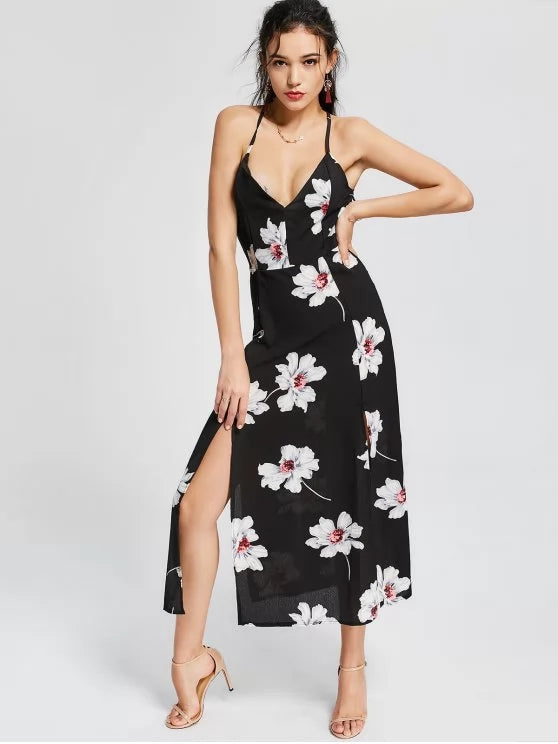 BerryBetty - Fun High Slit Open Back Flower Cami Dress