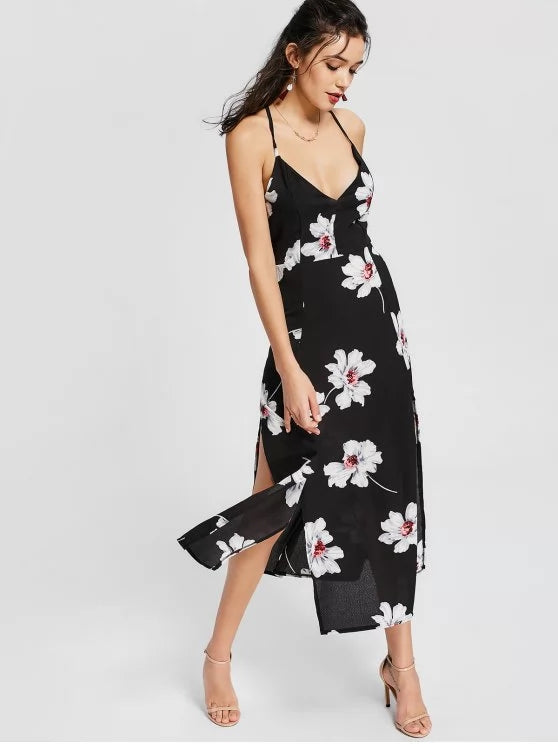 BerryBetty - Fun High Slit Open Back Flower Cami Dress