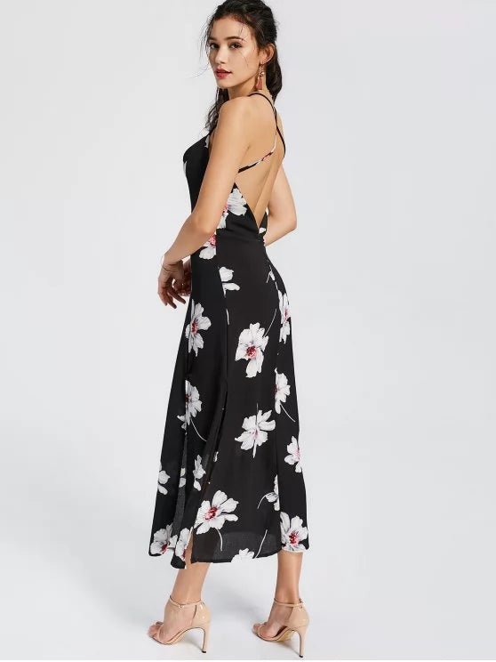 BerryBetty - Fun High Slit Open Back Flower Cami Dress