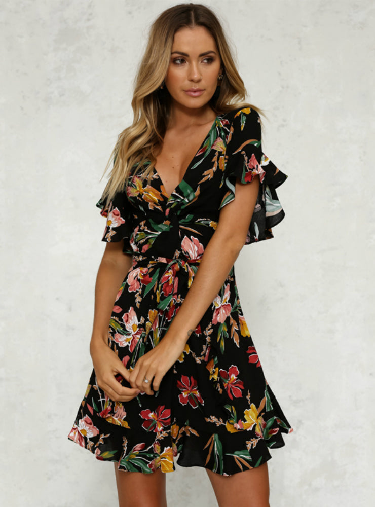 BerryBetty - Deep V-Neck Black Flower Print Dresses Hem Folds Bohemian