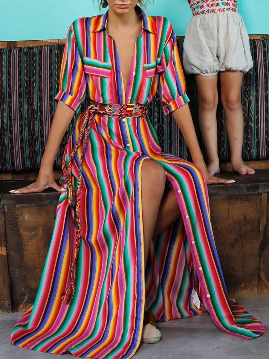 BerryBetty - Cute Bohemia Striped Shirt Maxi Dress