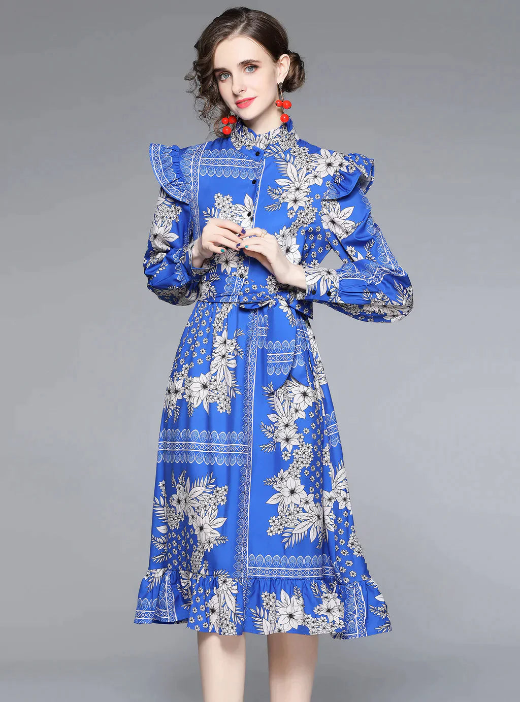 BerryBetty - Collar Waist Print Ruffled Dress