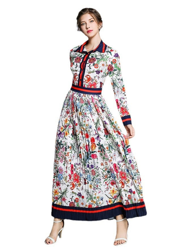 BerryBetty - Elegant Long Sleeve Floral Printed Loose Pleated Dress