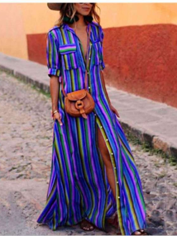 BerryBetty - Cute Bohemia Striped Shirt Maxi Dress