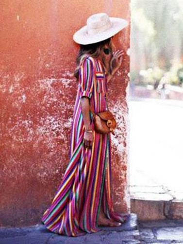 BerryBetty - Cute Bohemia Striped Shirt Maxi Dress