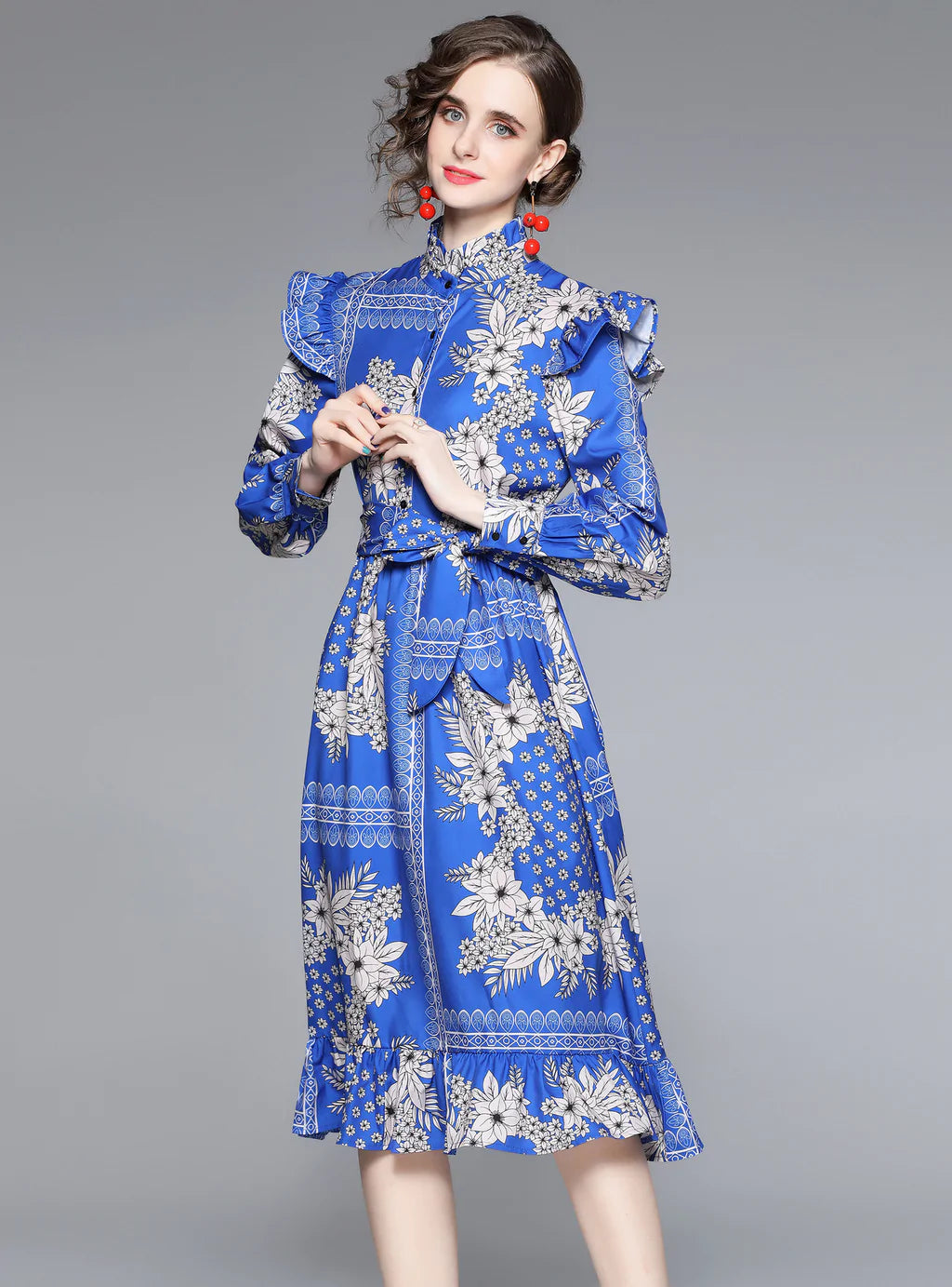 BerryBetty - Collar Waist Print Ruffled Dress
