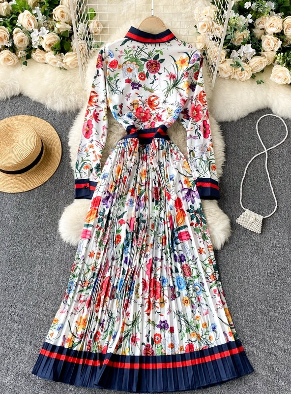 BerryBetty - Elegant Long Sleeve Floral Printed Loose Pleated Dress