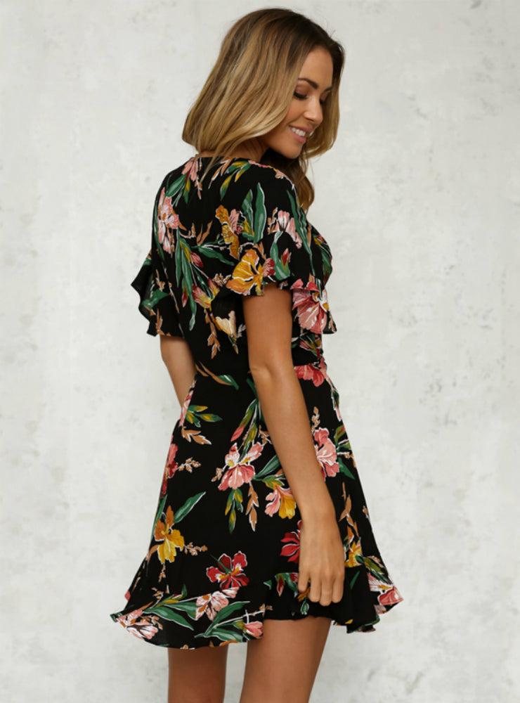 BerryBetty - Deep V-Neck Black Flower Print Dresses Hem Folds Bohemian