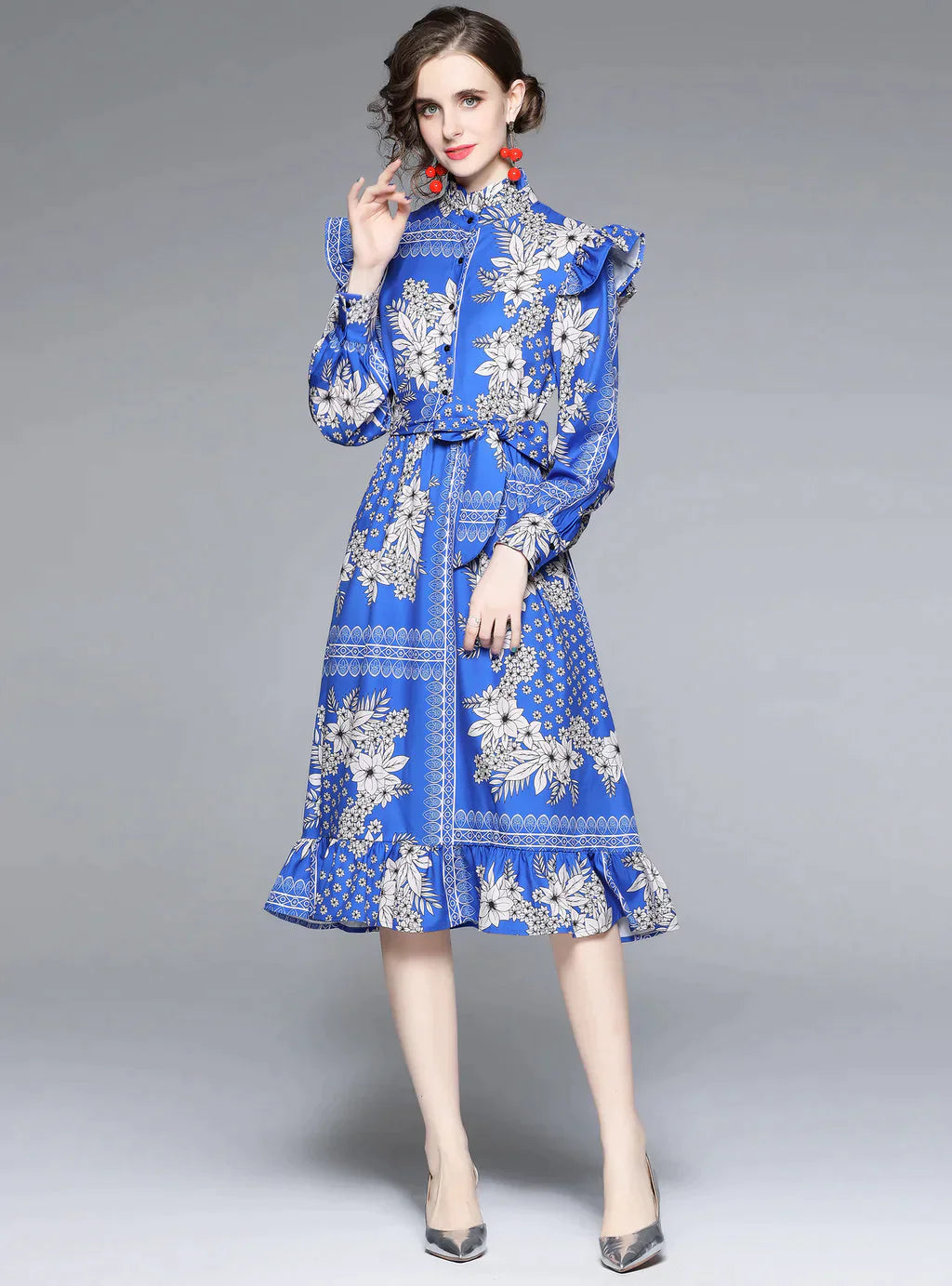 BerryBetty - Collar Waist Print Ruffled Dress