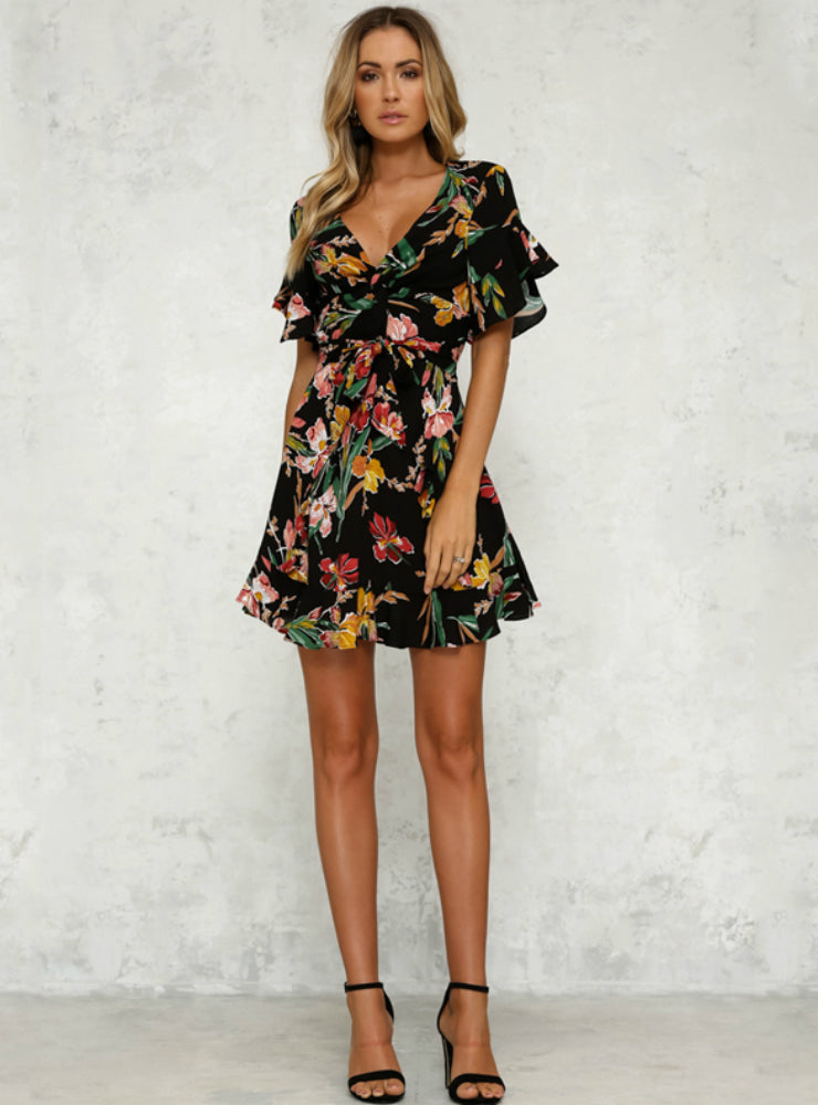 BerryBetty - Deep V-Neck Black Flower Print Dresses Hem Folds Bohemian