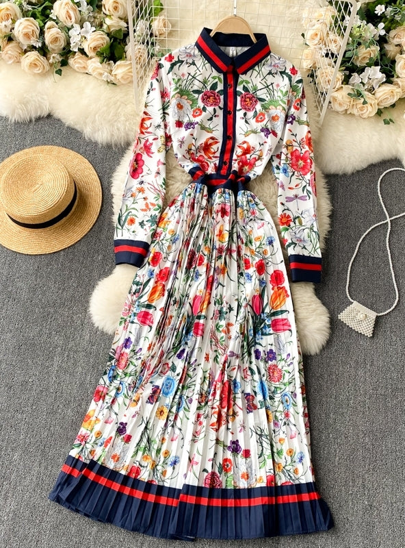 BerryBetty - Elegant Long Sleeve Floral Printed Loose Pleated Dress
