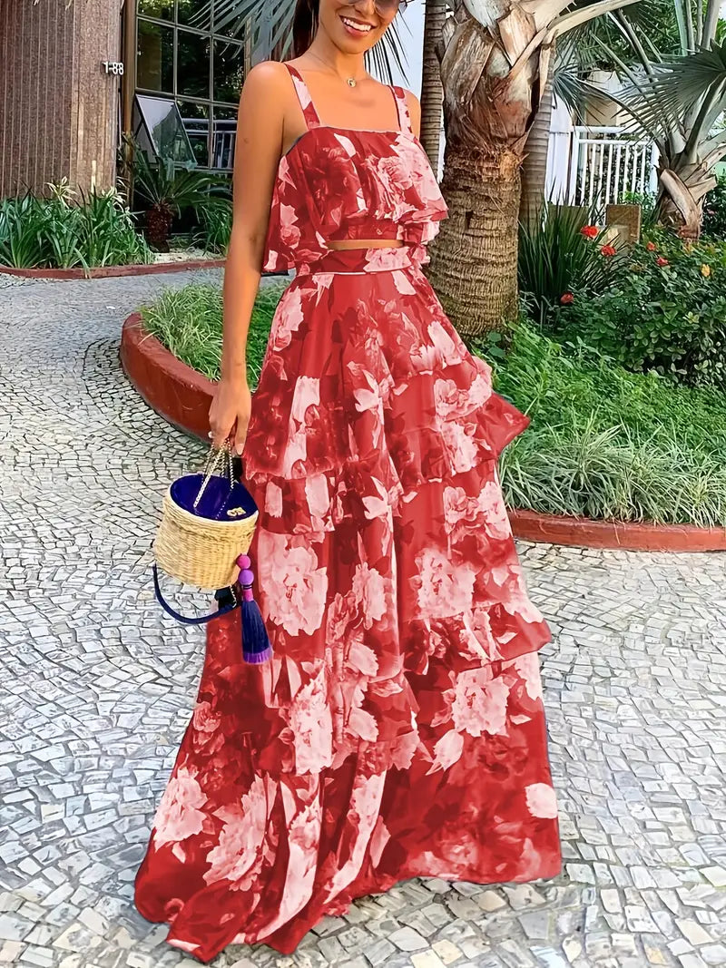 BerryBetty - Crop Tank Ruffles Floral Print Two-Piece Skirt Set