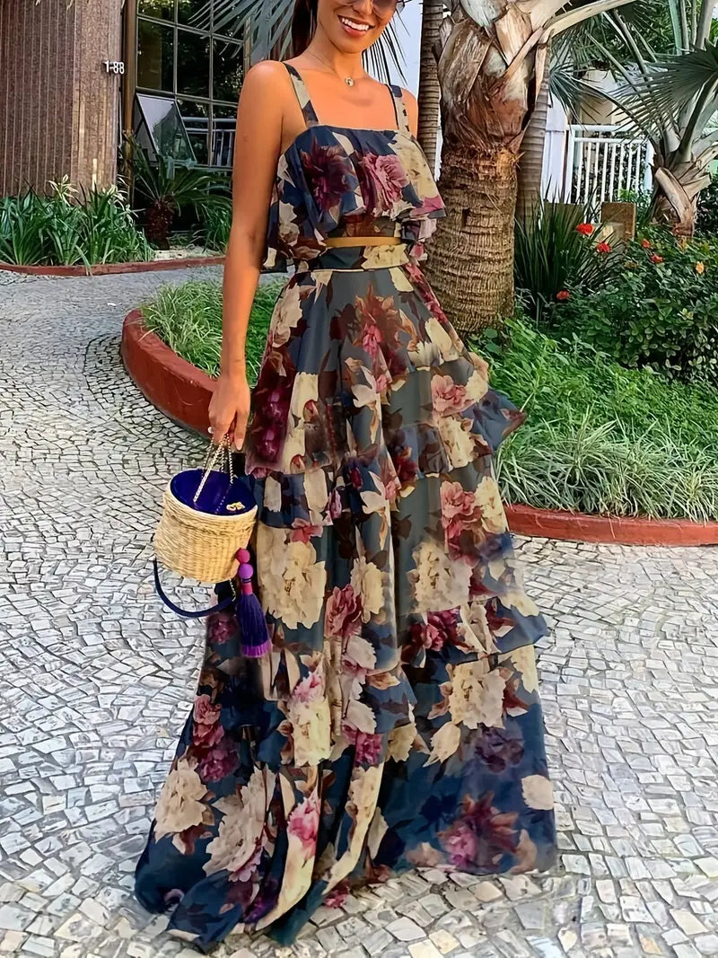 BerryBetty - Crop Tank Ruffles Floral Print Two-Piece Skirt Set