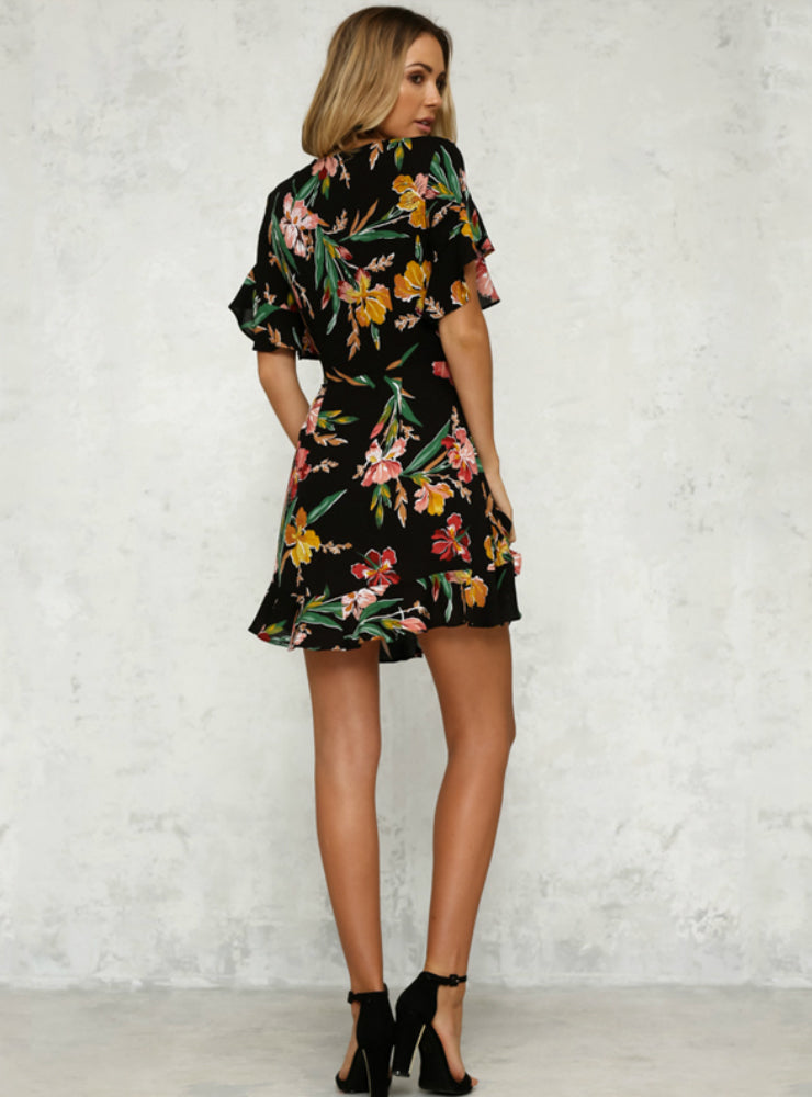 BerryBetty - Deep V-Neck Black Flower Print Dresses Hem Folds Bohemian