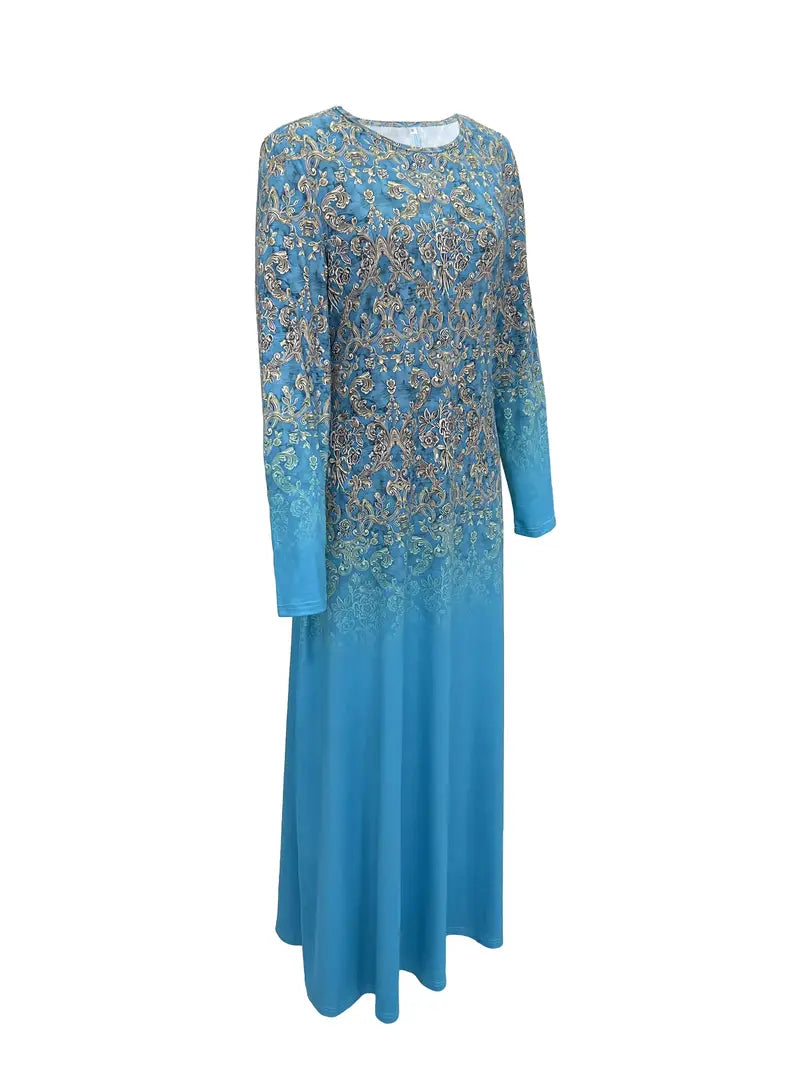 BerryBetty - Baroque Floral Print Blue Long Sleeve Maxi Dress