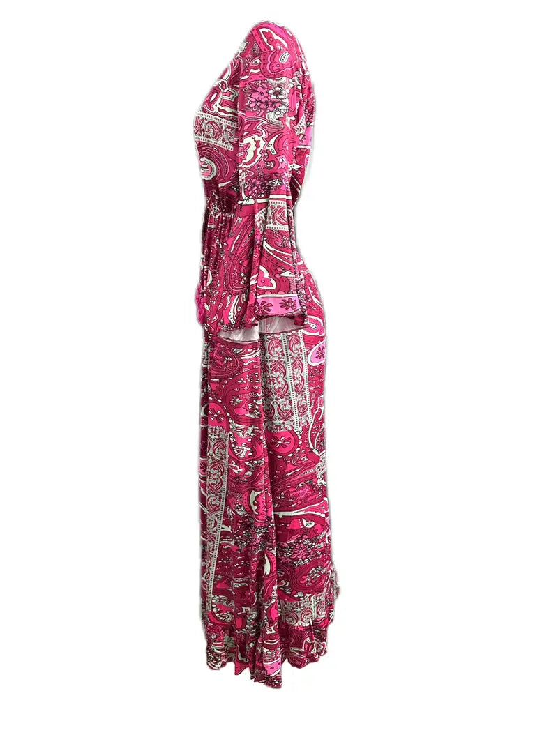 BerryBetty - Bohemian Pink Paisley Flowing Sleeves Maxi Dress