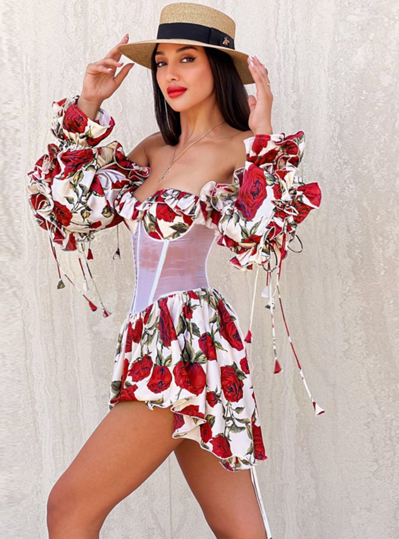 BerryBetty - Knitted Perspective Waist Lace Long Sleeve Dress