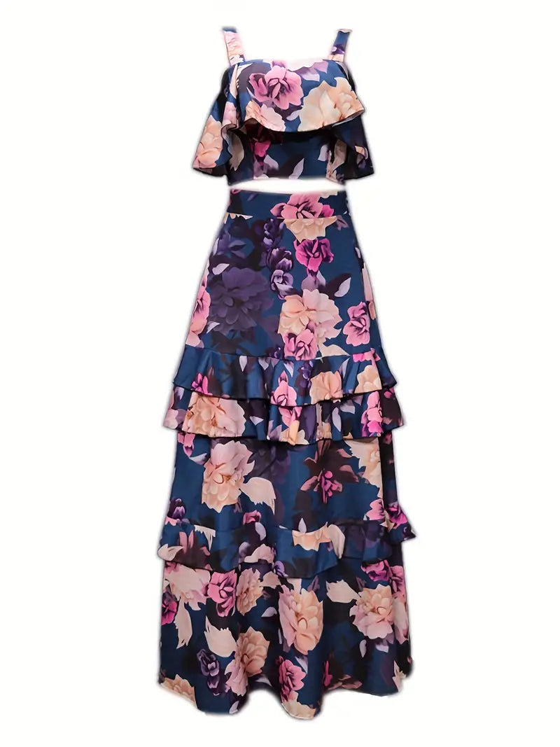 BerryBetty - Crop Tank Ruffles Floral Print Two-Piece Skirt Set