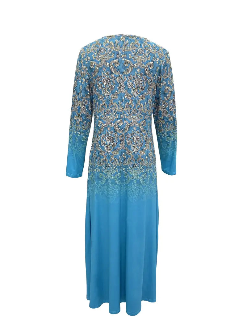 BerryBetty - Baroque Floral Print Blue Long Sleeve Maxi Dress