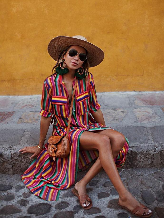 BerryBetty - Cute Bohemia Striped Shirt Maxi Dress
