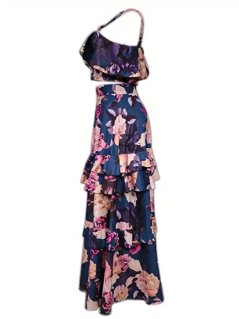 BerryBetty - Crop Tank Ruffles Floral Print Two-Piece Skirt Set
