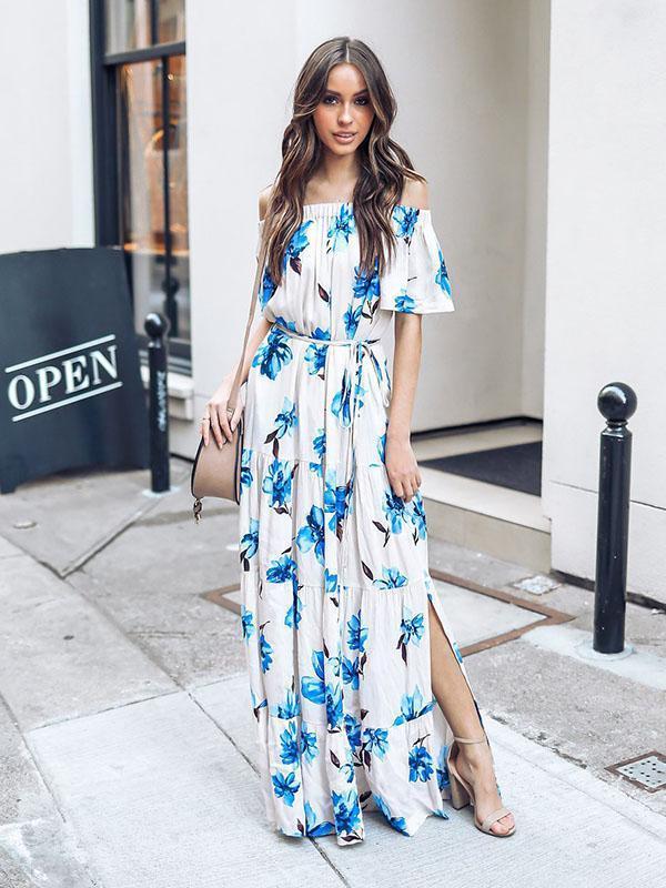 BerryBetty - Blue Bohemia Printed Off-The-Shoulder Maxi Dress