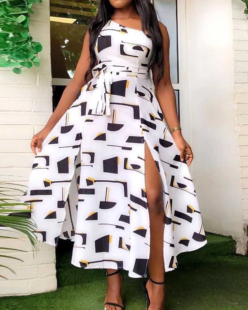 BerryBetty - All Over Print One Shoulder Self Tie Split Thigh Dress