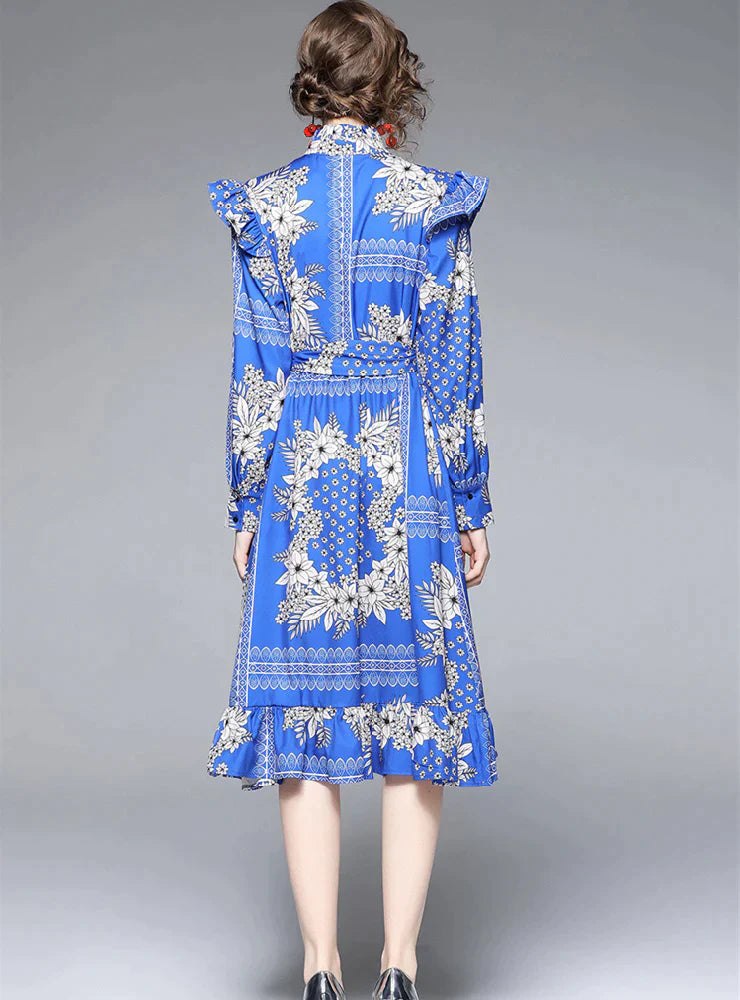 BerryBetty - Collar Waist Print Ruffled Dress