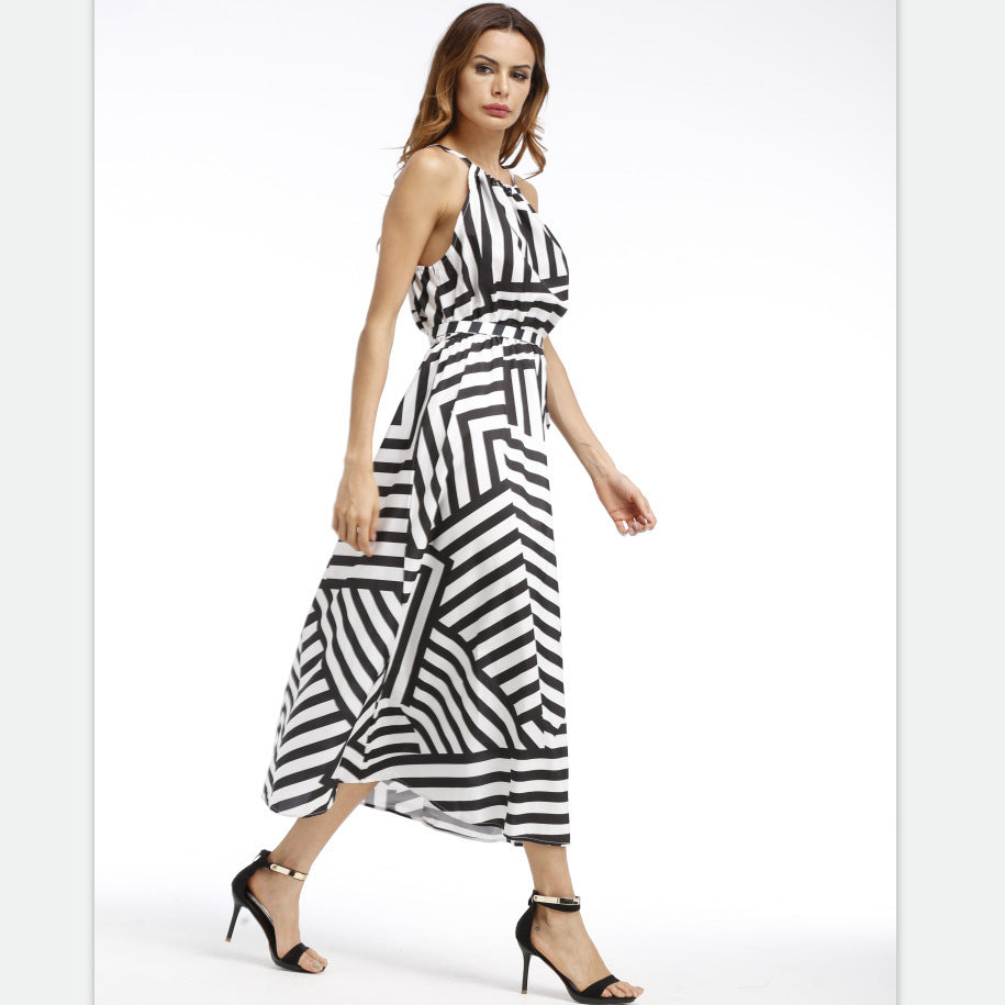BerryBetty - Black And White Striped Halter Empire Waist Dress