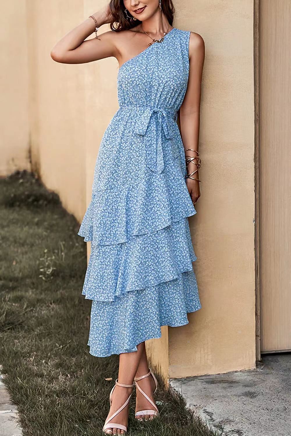 BerryBetty - Green Print One Shoulder Ruffle Trim Dress