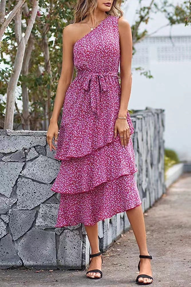 BerryBetty - Green Print One Shoulder Ruffle Trim Dress