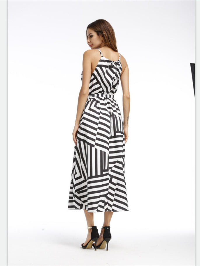 BerryBetty - Black And White Striped Halter Empire Waist Dress