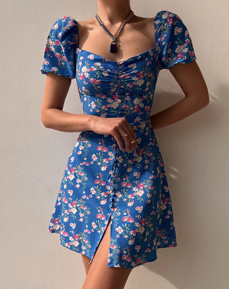 BerryBetty - Fashion Floral Women Puff Sleeve High Waist V-Neck A-Line Lady Dresses