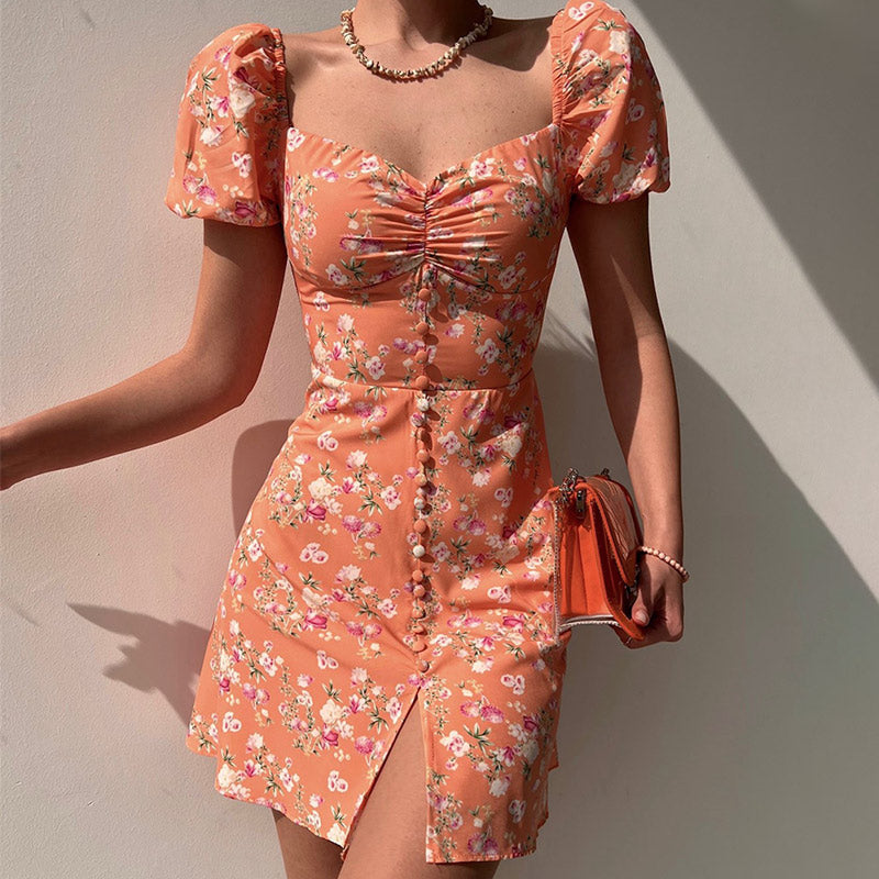 BerryBetty - Fashion Floral Women Puff Sleeve High Waist V-Neck A-Line Lady Dresses
