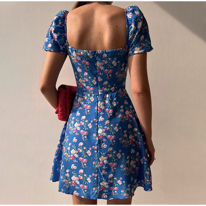 BerryBetty - Fashion Floral Women Puff Sleeve High Waist V-Neck A-Line Lady Dresses