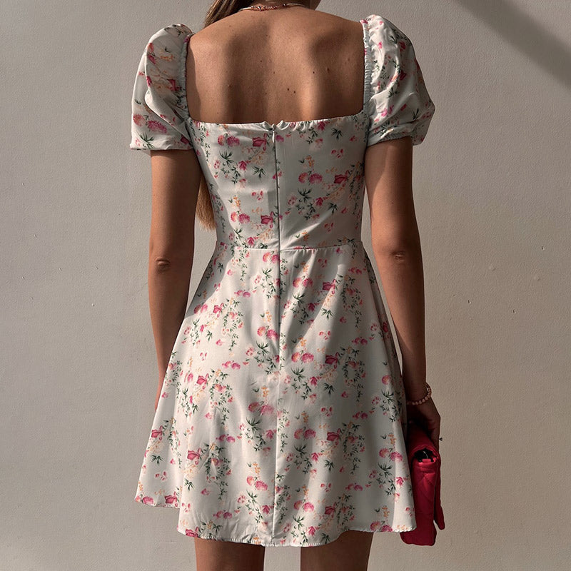BerryBetty - Fashion Floral Women Puff Sleeve High Waist V-Neck A-Line Lady Dresses