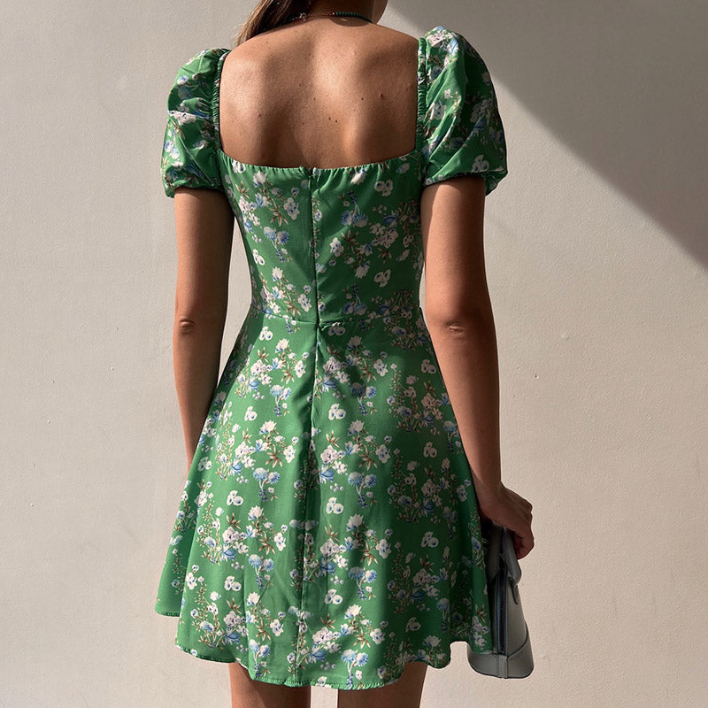 BerryBetty - Fashion Floral Women Puff Sleeve High Waist V-Neck A-Line Lady Dresses