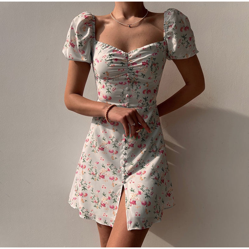 BerryBetty - Fashion Floral Women Puff Sleeve High Waist V-Neck A-Line Lady Dresses