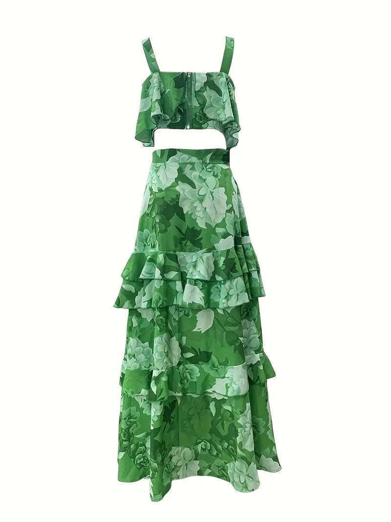 BerryBetty - Crop Tank Ruffles Floral Print Two-Piece Skirt Set