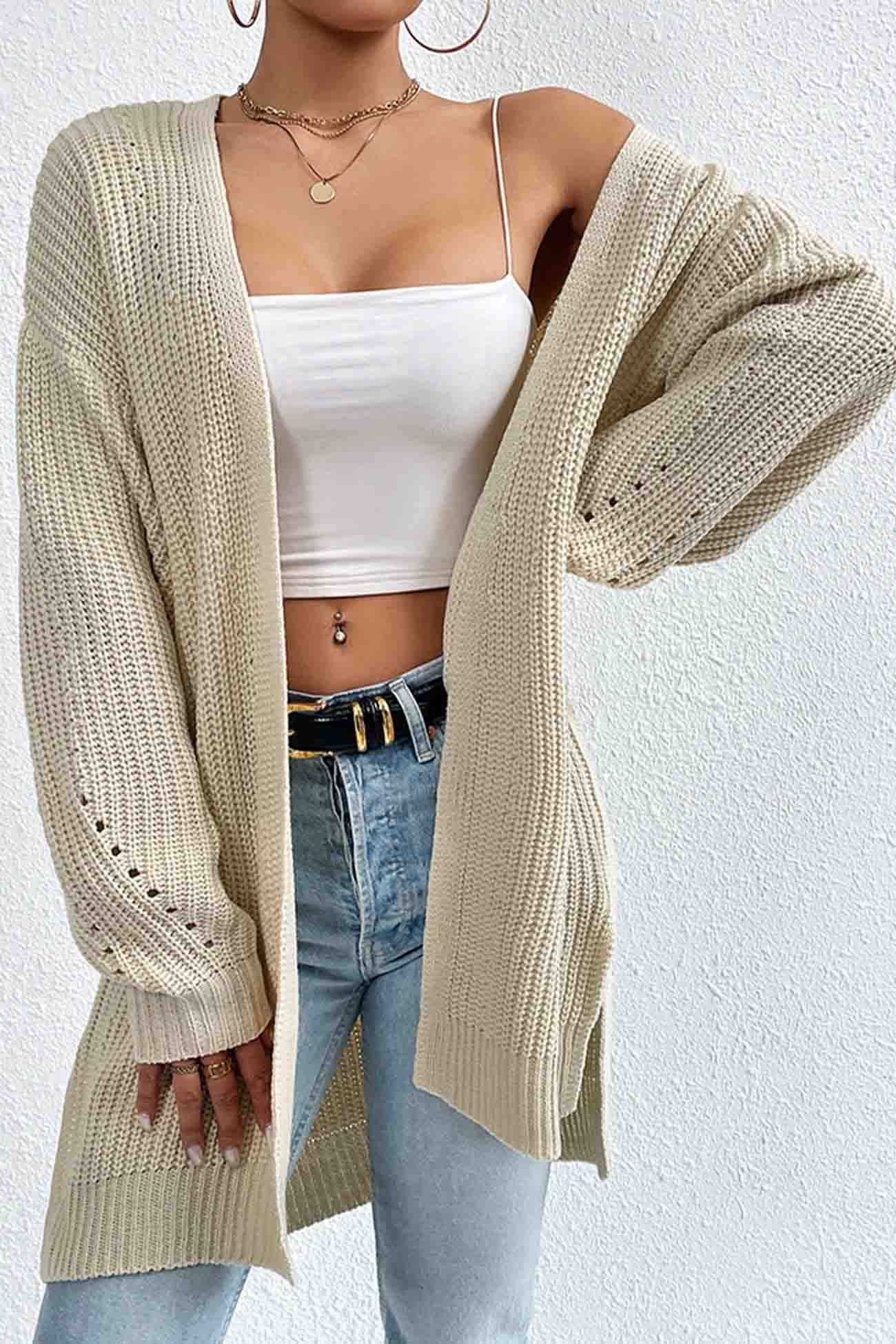 BerryBetty - Solid Open Front Mid-Length Cardigan