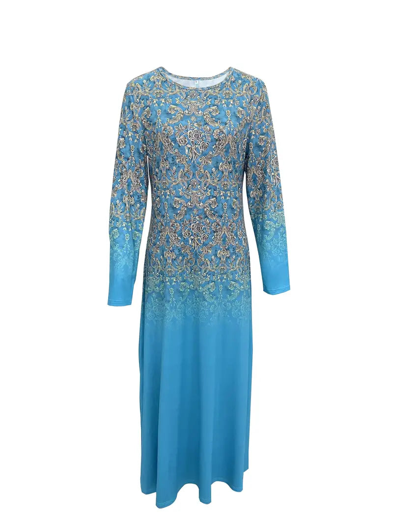 BerryBetty - Baroque Floral Print Blue Long Sleeve Maxi Dress