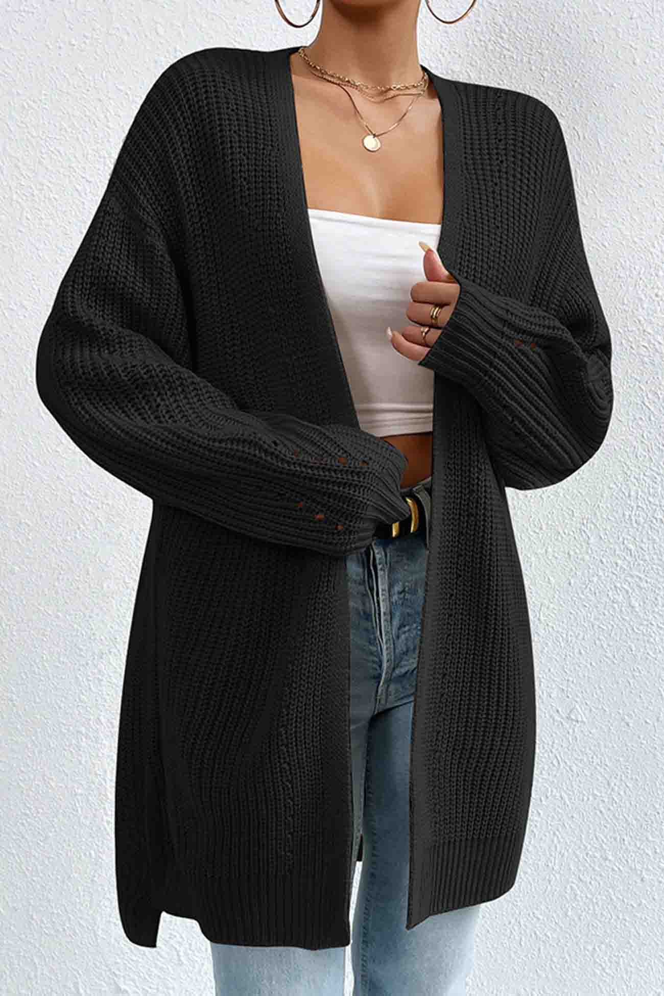 BerryBetty - Solid Open Front Mid-Length Cardigan