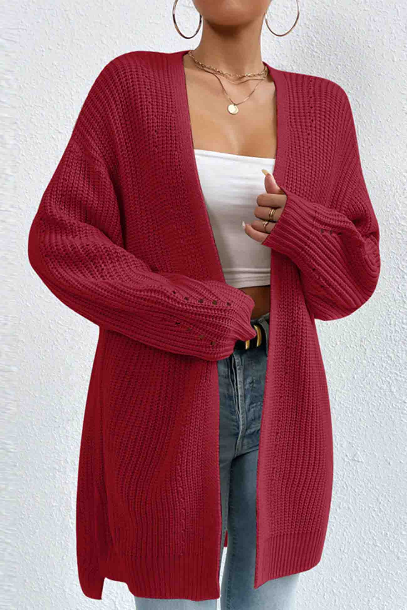 BerryBetty - Solid Open Front Mid-Length Cardigan