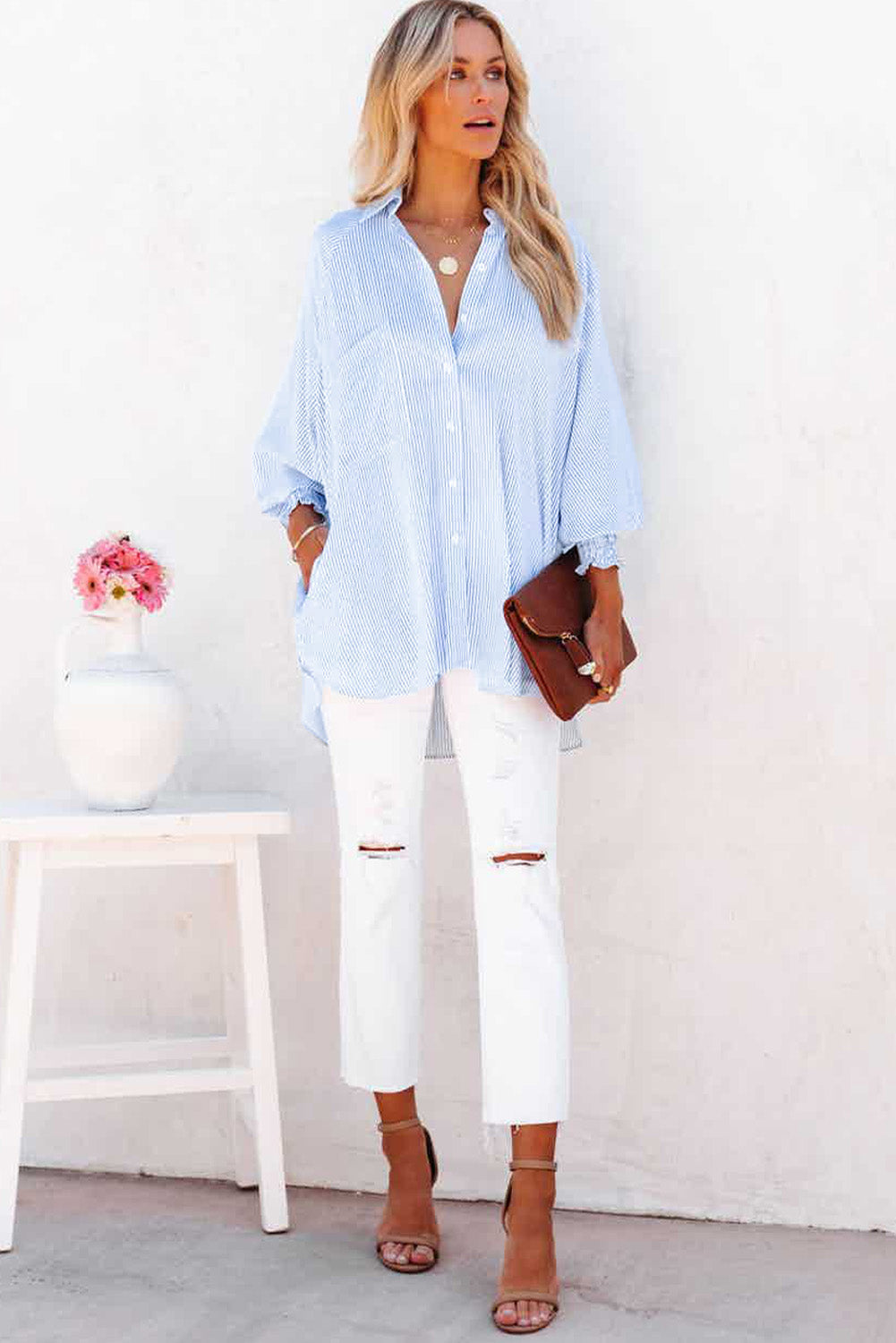 BerryBetty - Sky Blue Smocked Cuffed Striped Boyfriend Shirt with Pocket