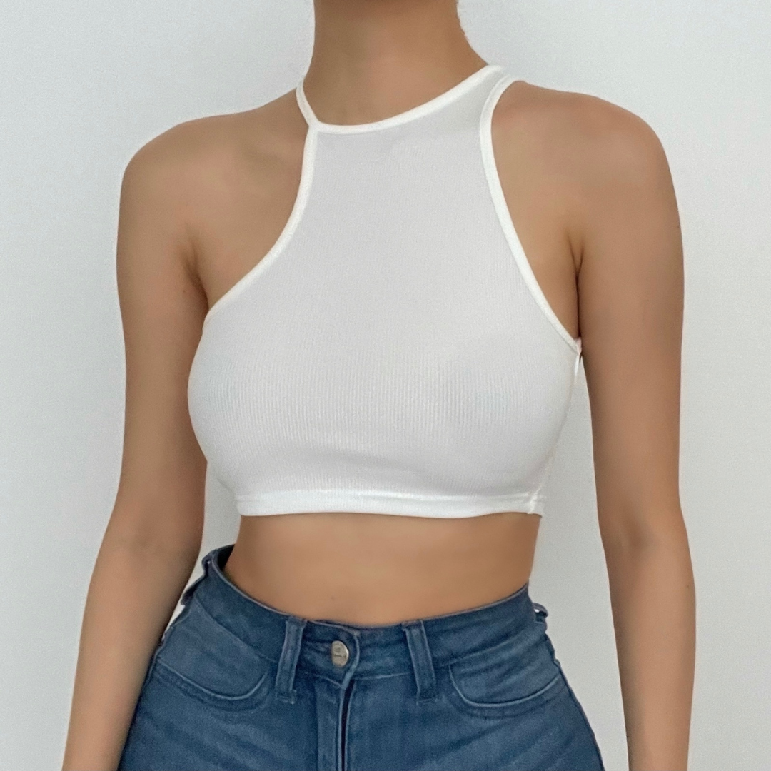 BerryBetty - Irregular halter sleeveless ribbed solid crop top