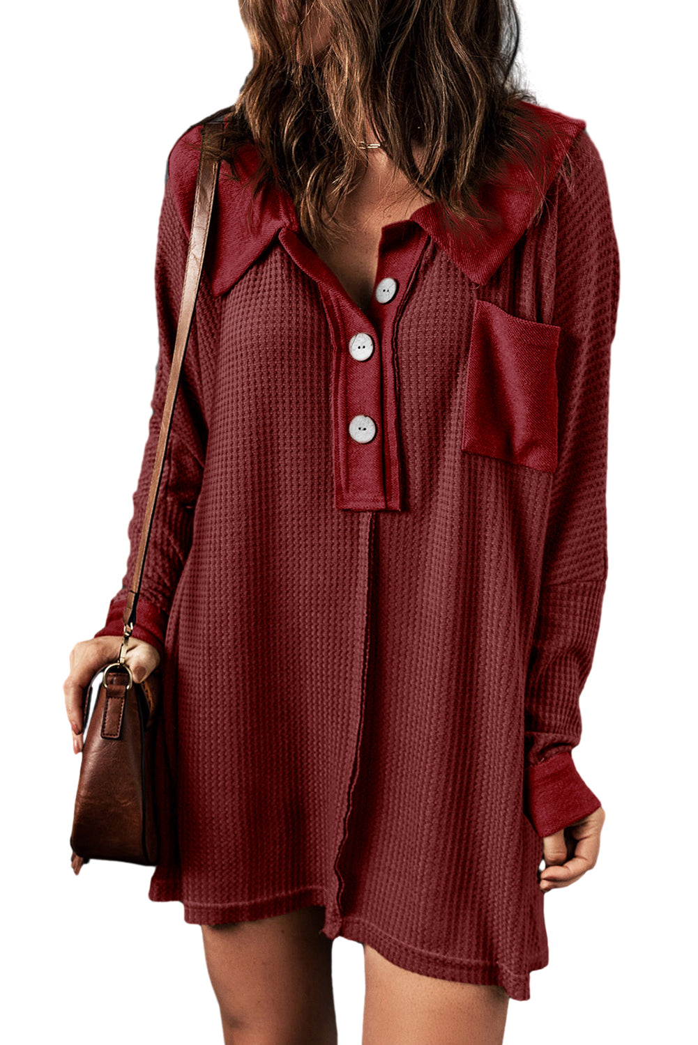 BerryBetty - Red Waffle Knit Buttoned Long Sleeve Top